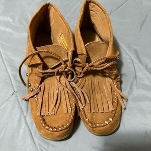 Tan Suede Moccasins with Fringe